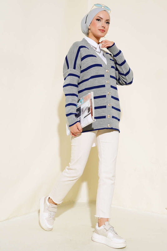 كارديجان فضفاض مخطط باللون الرمادي والأزرق الداكن