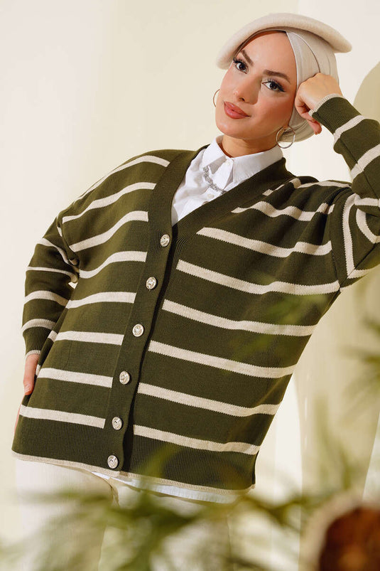 مخطط سترة فضفاضة الكاكي البيج