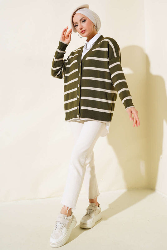 مخطط سترة فضفاضة الكاكي البيج