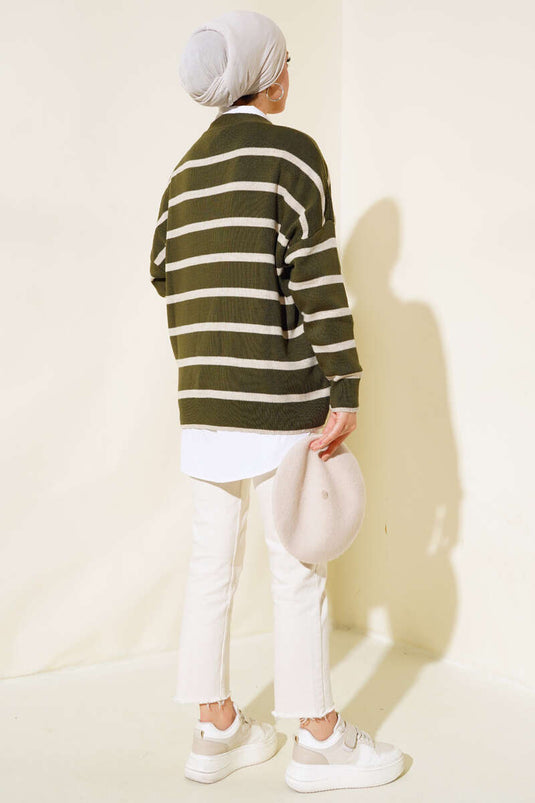 مخطط سترة فضفاضة الكاكي البيج