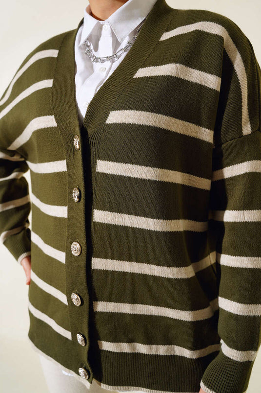 مخطط سترة فضفاضة الكاكي البيج