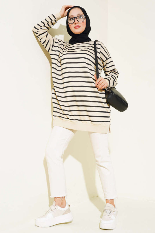 Çizgili Salaş Tunik Siyah