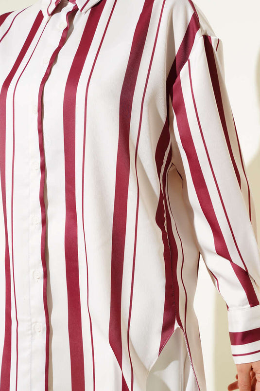 Striped Casual Satin Shirt Burgundy
