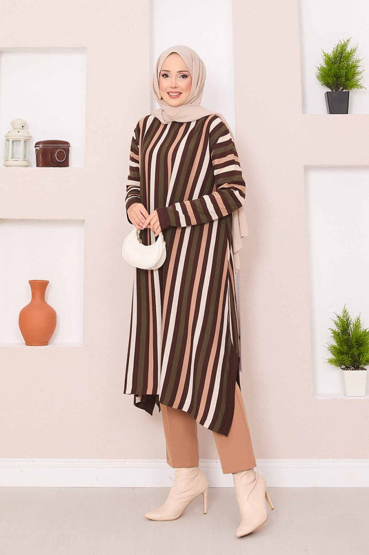 Striped Loose Knit Tunic Brown