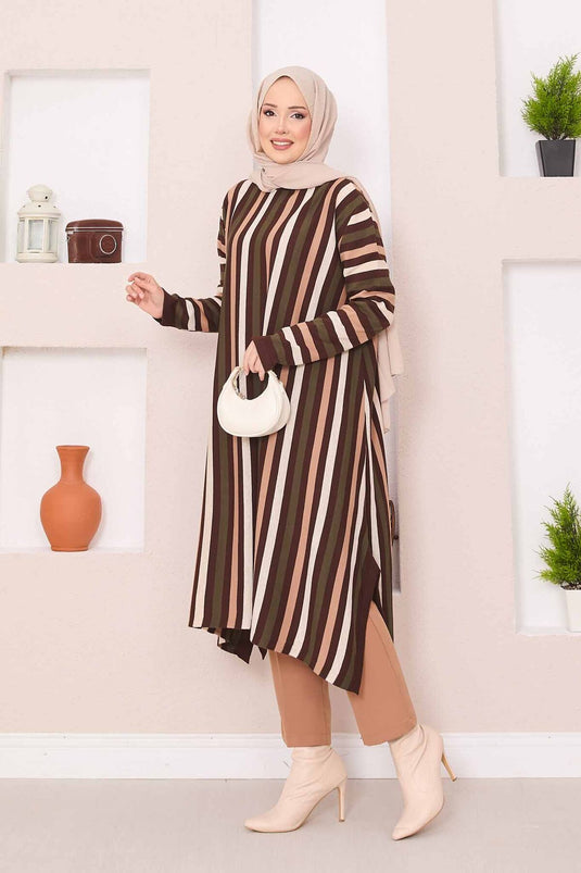 Striped Loose Knit Tunic Brown