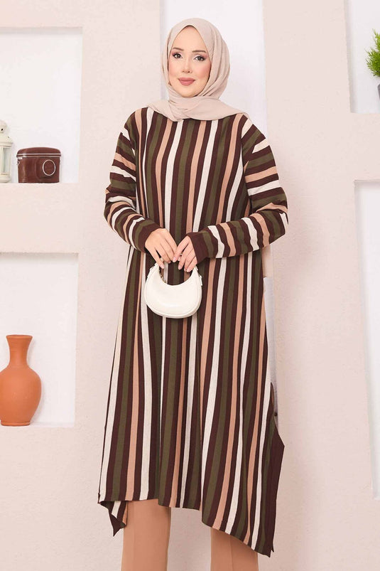 Striped Loose Knit Tunic Brown