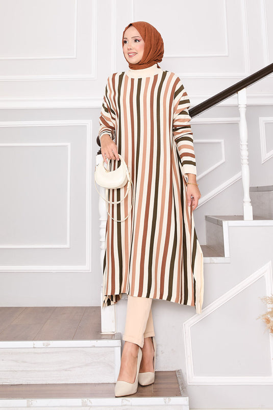 Striped Loose Knit Tunic Cream