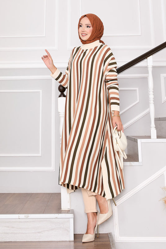 Striped Loose Knit Tunic Cream