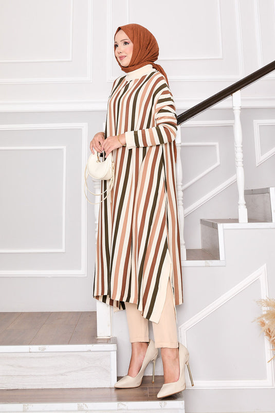 Striped Loose Knit Tunic Cream