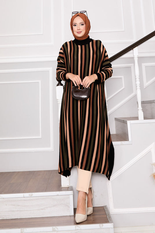 Çizgili Salaş Triko Tunik Siyah