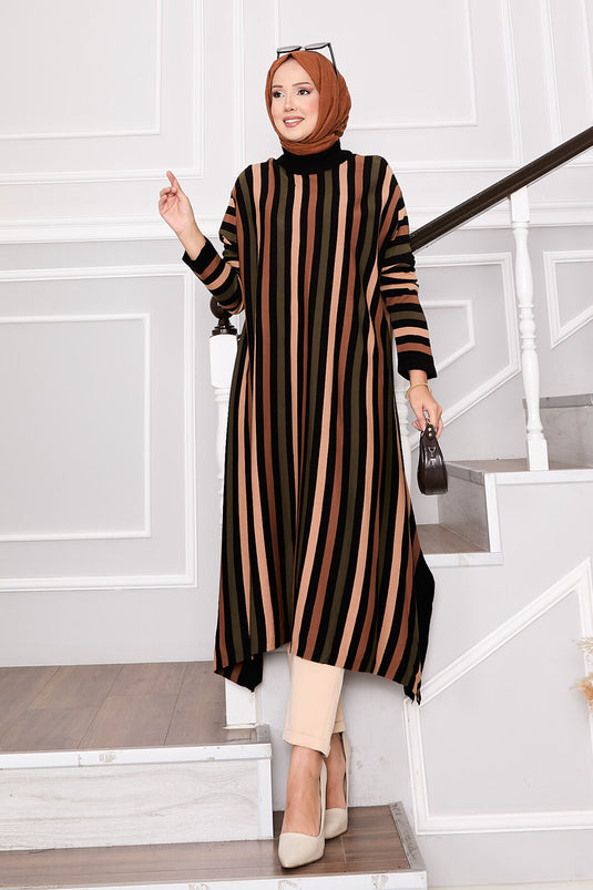 Çizgili Salaş Triko Tunik Siyah