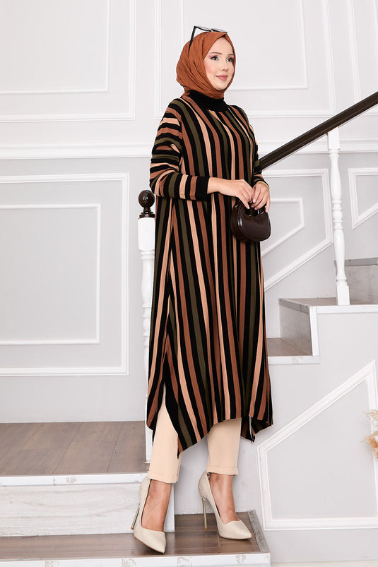 Çizgili Salaş Triko Tunik Siyah
