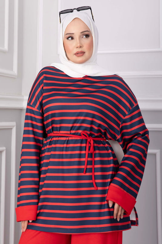 Çizgili Salaş Tunik Pantolon Takım Kırmızı