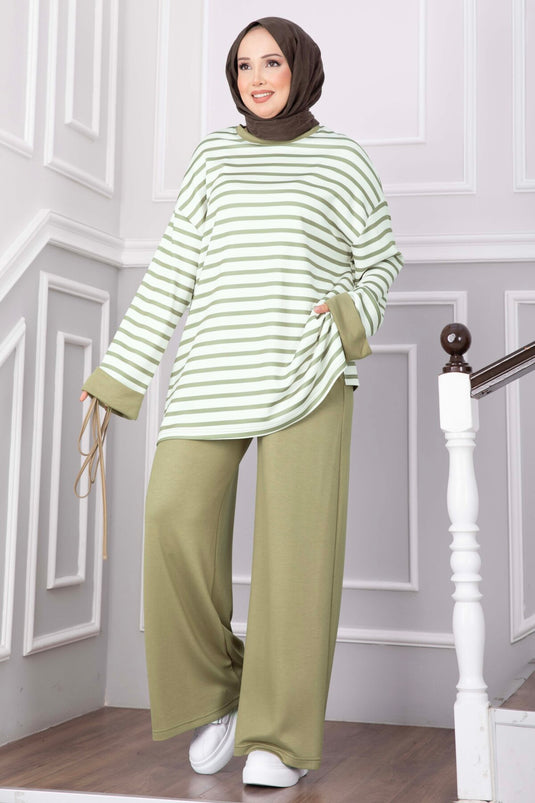 Çizgili Salaş Tunik Pantolon Takım Yeşil Olive