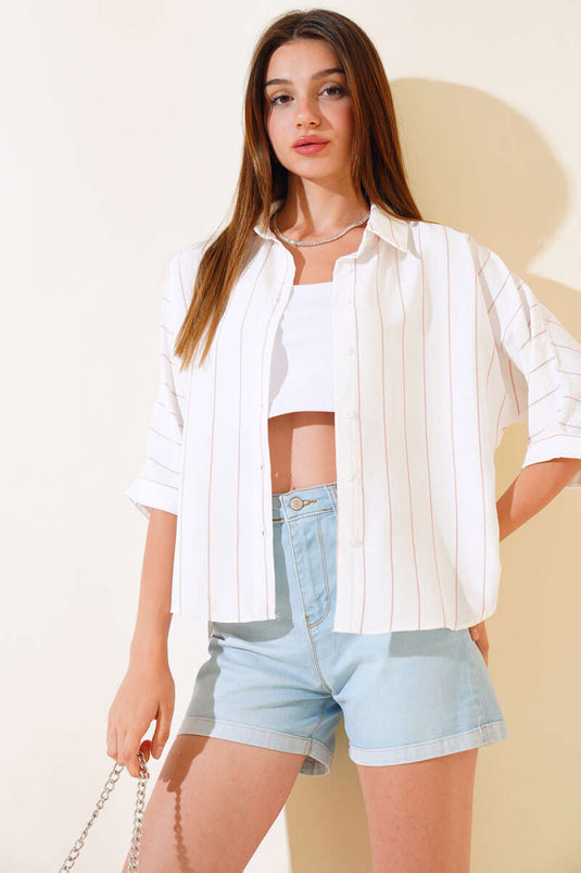 Striped Oversized Batwing Sleeve Shirt Camel