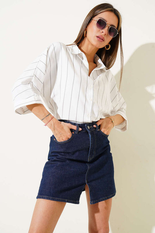 Striped Casual Batwing Sleeve Shirt Black