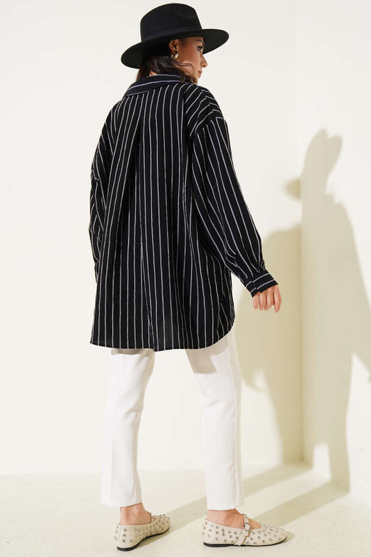 Striped Single Back Pleated Shirt Black