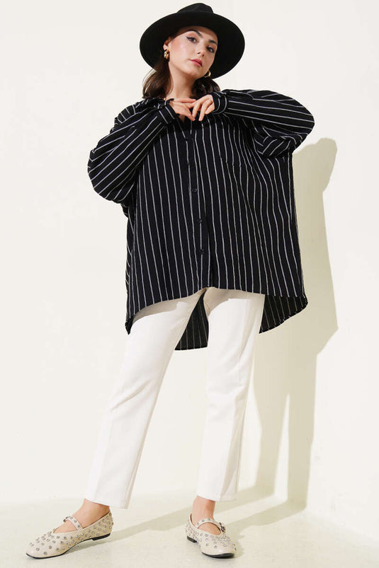 Striped Single Back Pleated Shirt Black