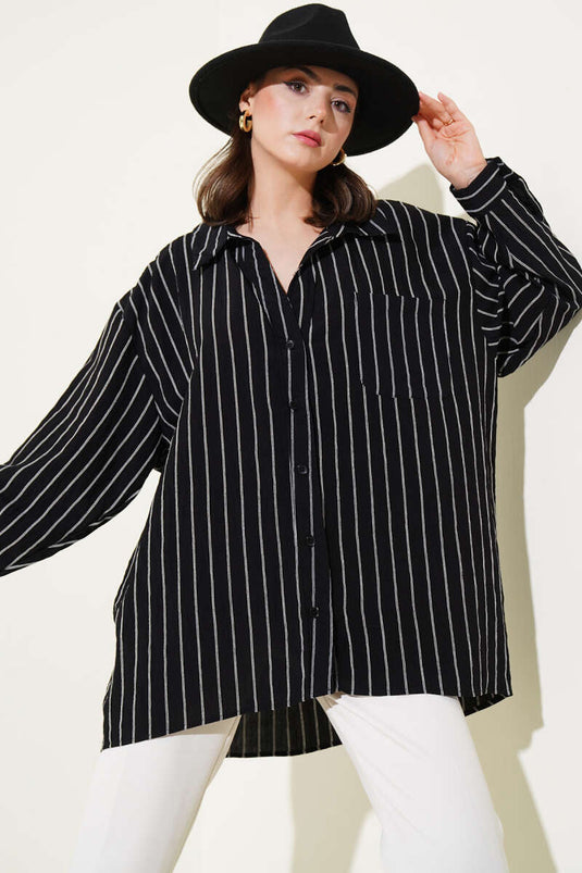 Striped Single Back Pleated Shirt Black