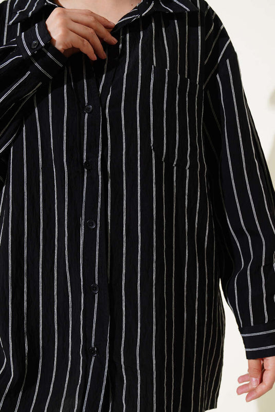Striped Single Back Pleated Shirt Black
