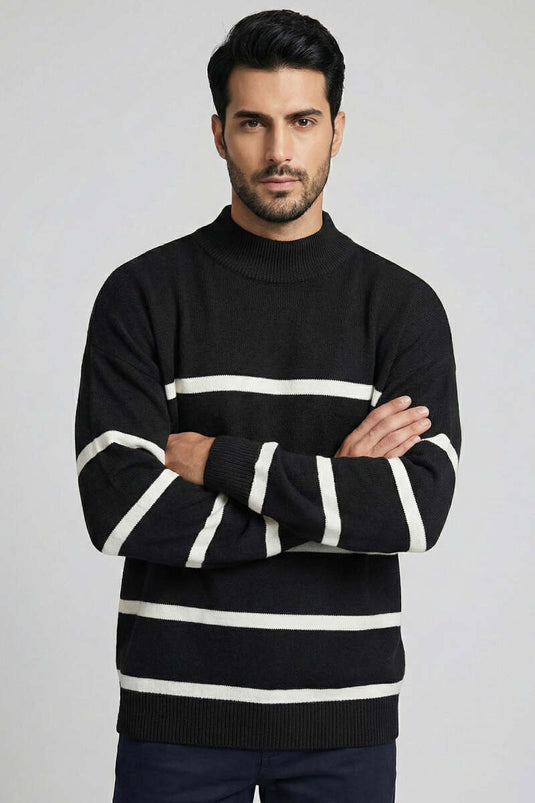 Çizgili Triko Erkek Kazak Siyah