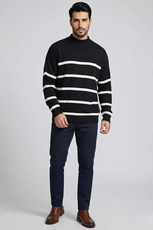 Çizgili Triko Erkek Kazak Siyah