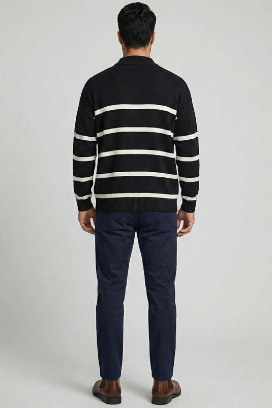 Çizgili Triko Erkek Kazak Siyah