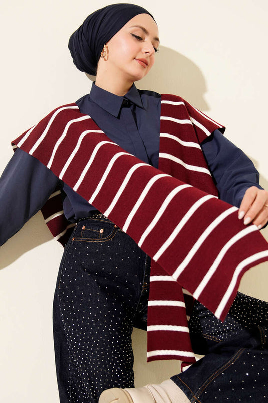 Çizgili Triko Omuz Şalı Bordo