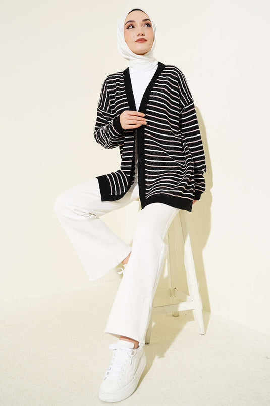 Striped Triangle Openwork Knit Cardigan Black