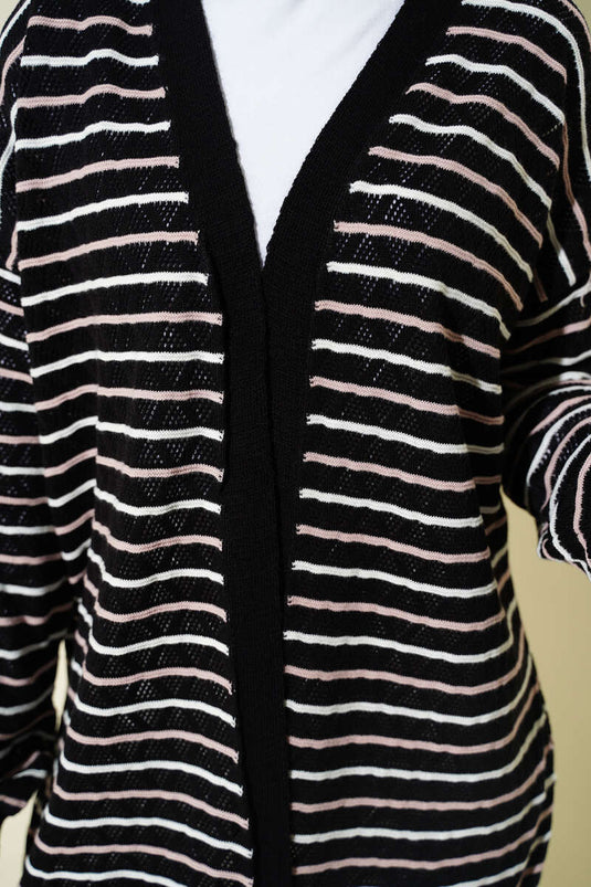 Striped Triangle Openwork Knit Cardigan Black
