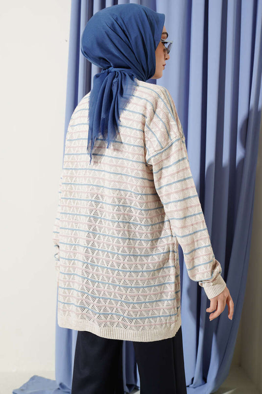 Cardigan en tricot ajouré triangulaire rayé couleur pierre