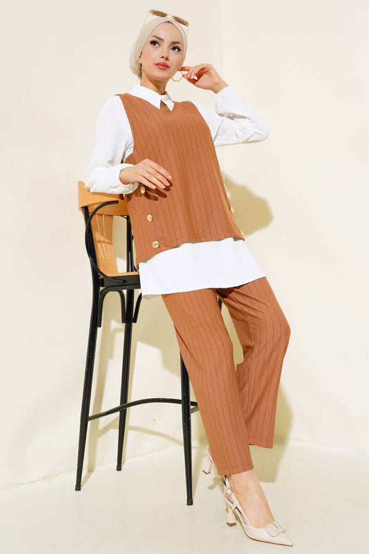 Striped Three-Piece Set Camel