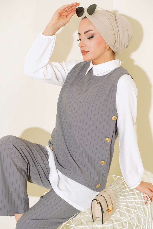 Çizgili Üçlü Takım Gri