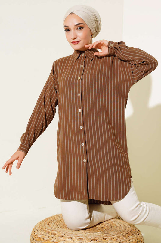 Chemise longue rayée marron