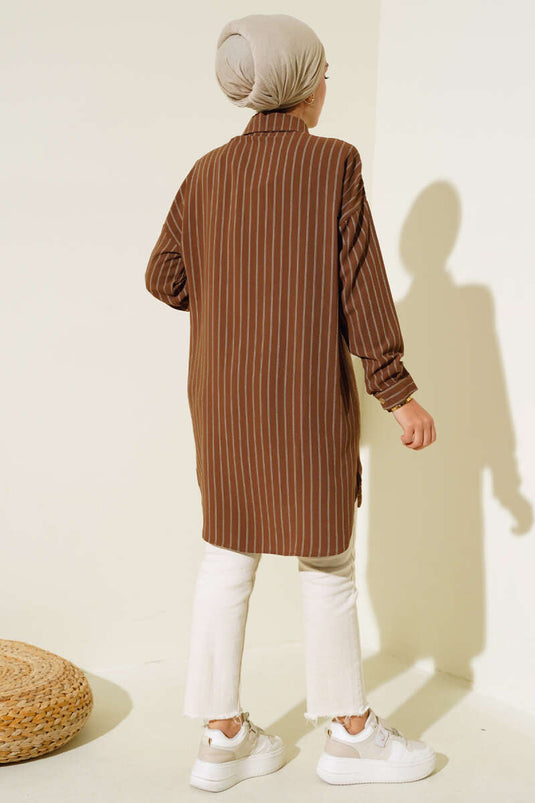Chemise longue rayée marron