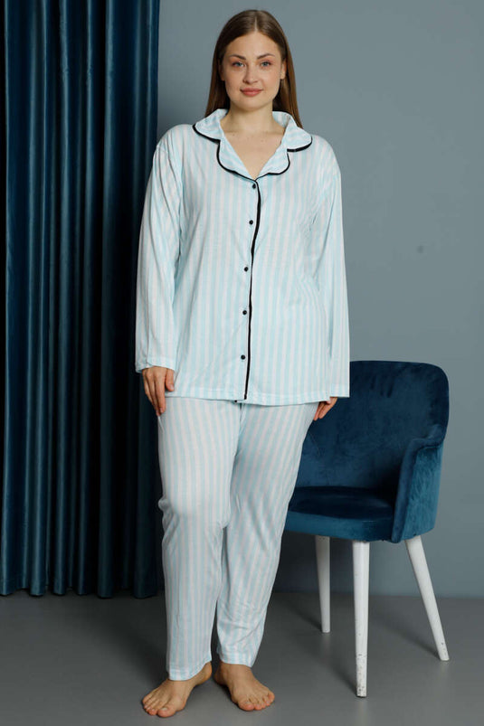 Çizgili Uzun Kol Büyük Beden Pijama Takım Mint