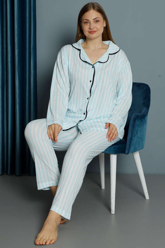 Çizgili Uzun Kol Büyük Beden Pijama Takım Mint