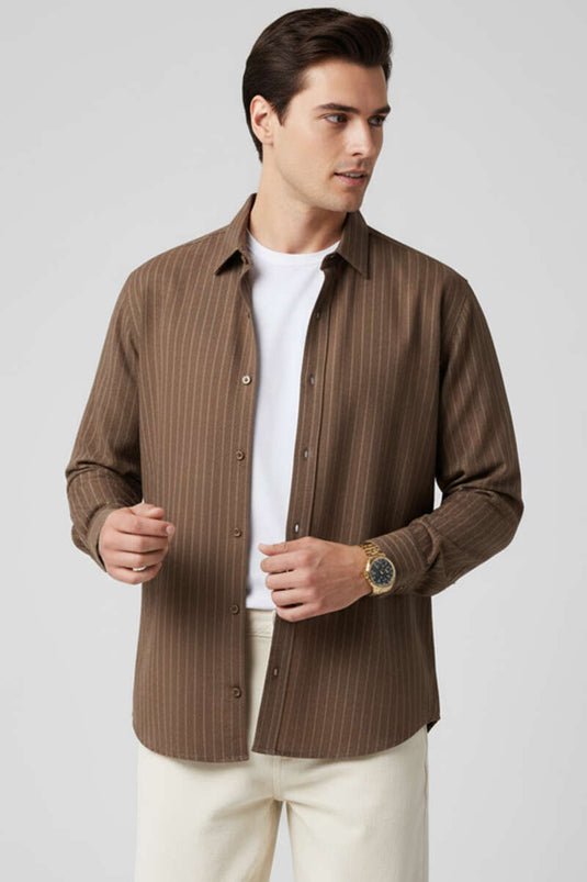 Striped Long-Sleeve Shirt, Brown