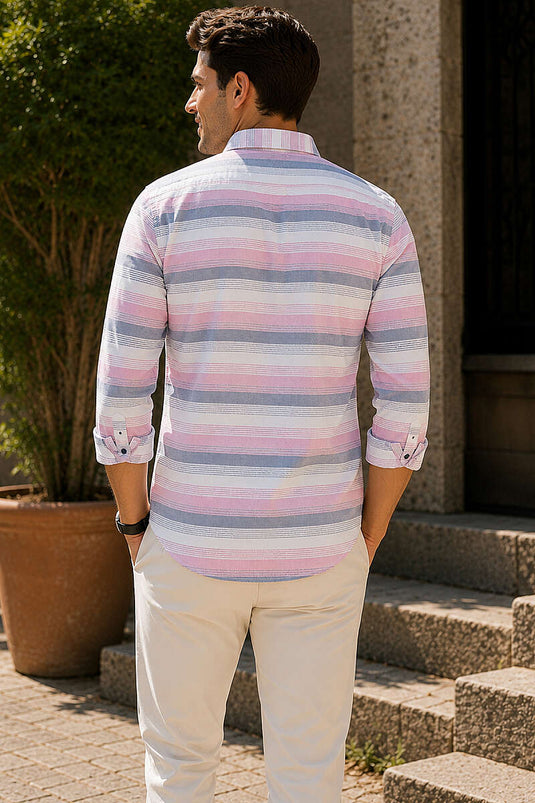 Çizgili Uzun Kol Slim Fit Erkek Gömlek Pembe