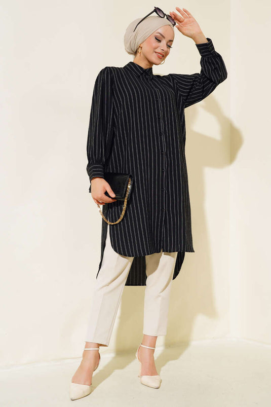 Striped Long Oversized Shirt Black
