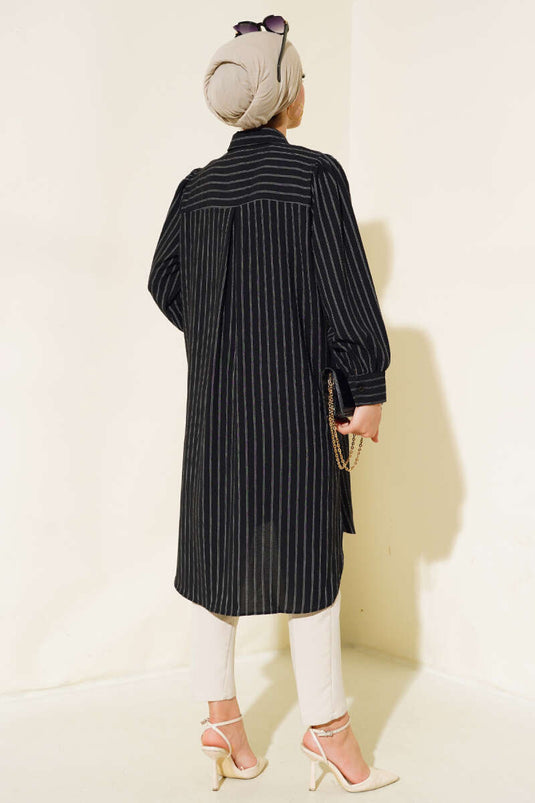 Gestreept Lang Casual Shirt Zwart