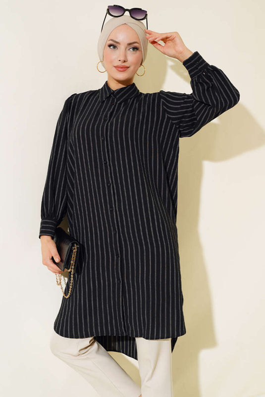 Striped Long Oversized Shirt Black
