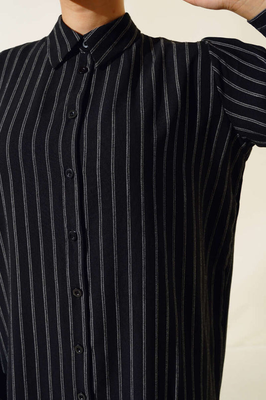 Gestreept Lang Casual Shirt Zwart
