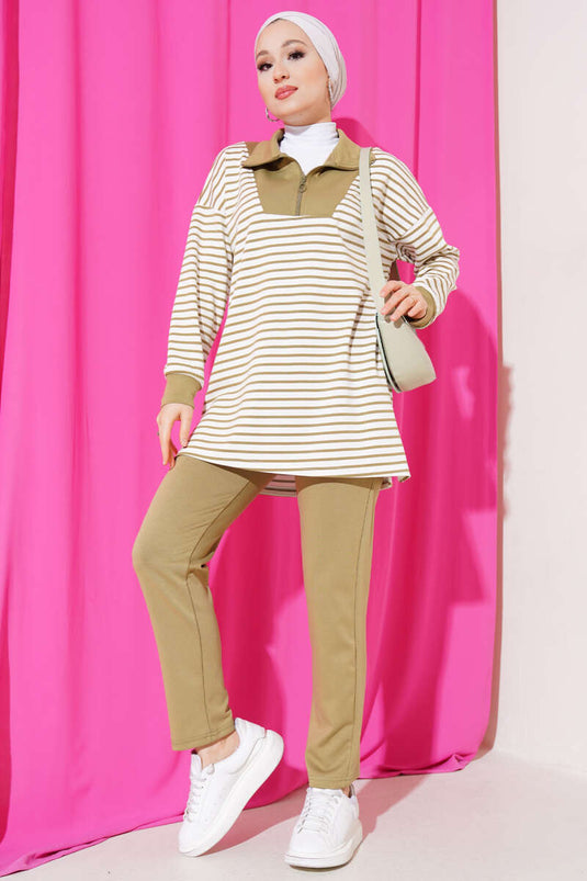 Çizgili Yakası Yarım Fermuarlı İkili Takım Nefti