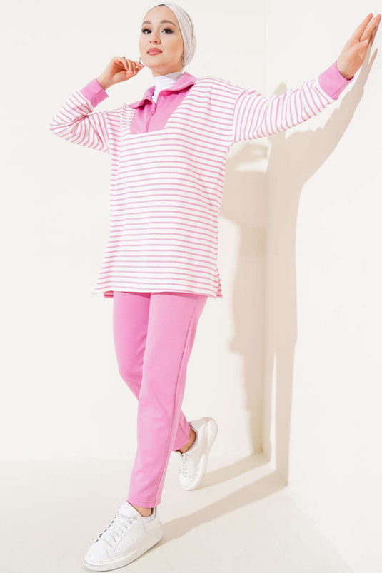 Striped Half-Zip Collar Two-Piece Set Pink