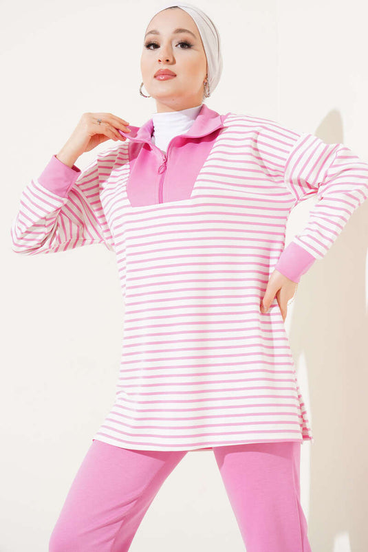 Striped Half-Zip Collar Two-Piece Set Pink