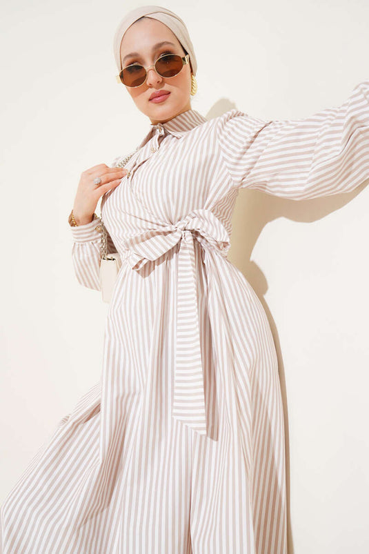 فستان مخطط برباط جانبي لاتيه