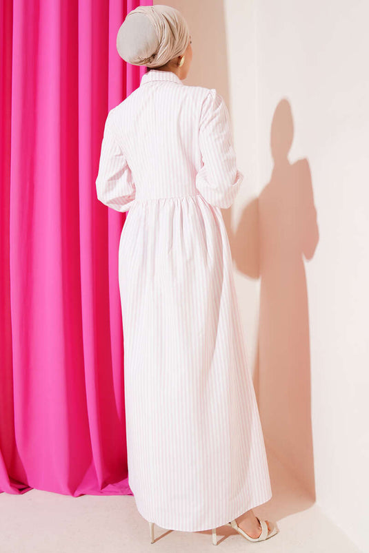 فستان مخطط بربطة جانبية وردي