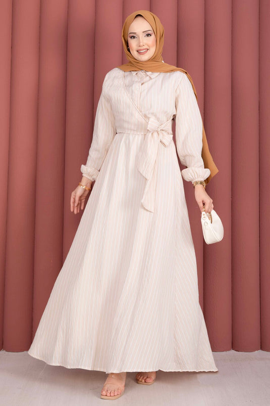 Robe modeste à rayures avec lien latéral beige