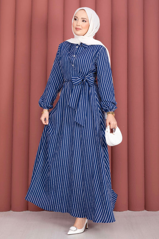 Robe modeste à rayures avec lien latéral bleu marine